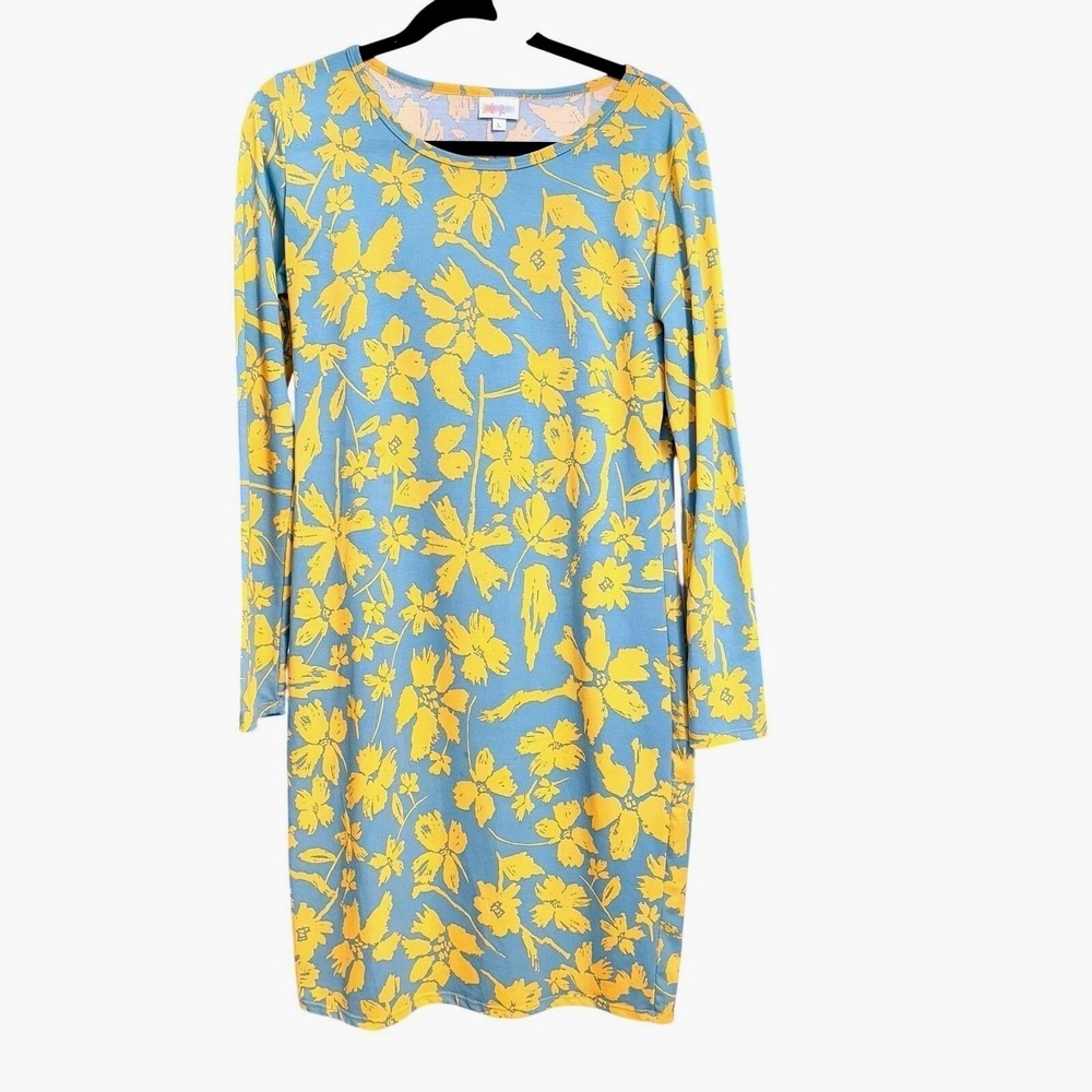 LuLaRoe Floral Long Sleeve Sheath Dress L Stretch Comfort Cottagecore Casual
